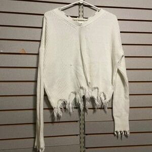 Full Circle Trends White Knit Sweater Distressed Frayed Hem Cropped Medium